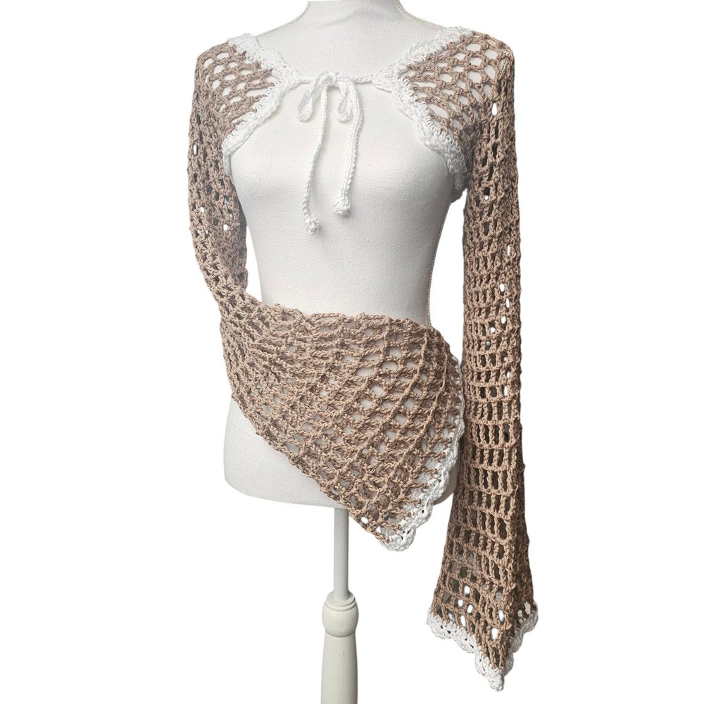 Handmade Crochet Festival Set, Bell Sleeve Front Tie Shrug & Mini Skirt, Taupe - Picture 12 of 14